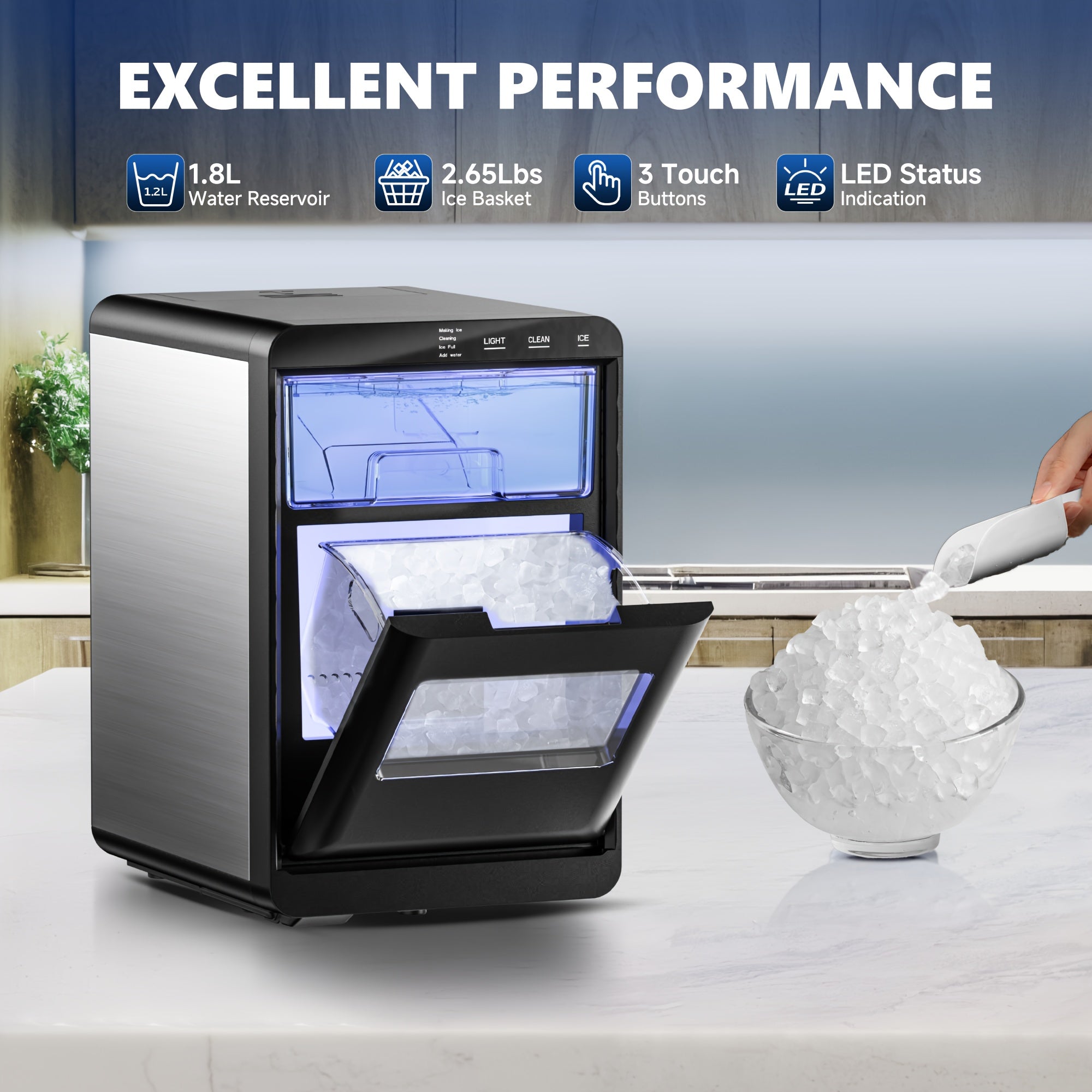 Nugget Ice Maker Countertop, 44Lbs/24H Pebble Ice Maker Machine, Self-Cleaning Pellet Ice Machine with Ice Scoop&Basket