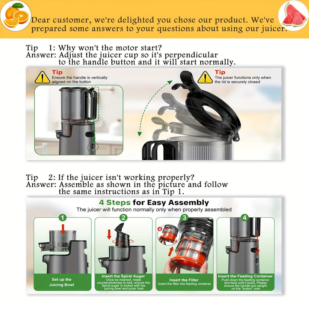 Efficient Cold Press Juicer, 350W Slow Masticating Juicer with 4.7" Extra Wide Feed Chute