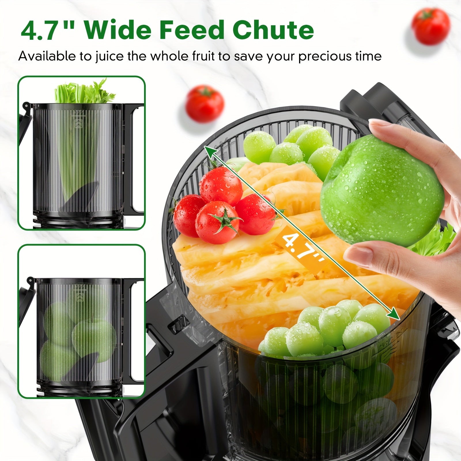 Efficient Cold Press Juicer, 350W Slow Masticating Juicer with 4.7" Extra Wide Feed Chute